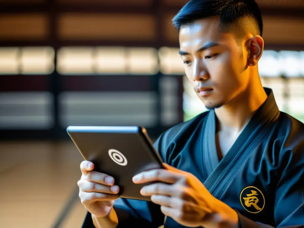 Un instructor de artes marciales revisa el sistema de seguimiento de progreso en línea en su tablet, en un ambiente profesional y enfocado