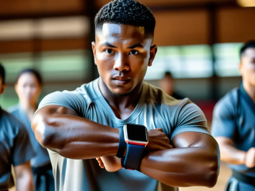 Un instructor de artes marciales con smartwatch lidera a alumnos en movimientos precisos en un dojo tradicional