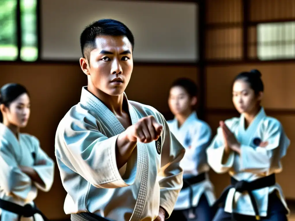 Un instructor de artes marciales tácticas imparte una clase intensa en un dojo tradicional, mientras los alumnos se enfocan con determinación