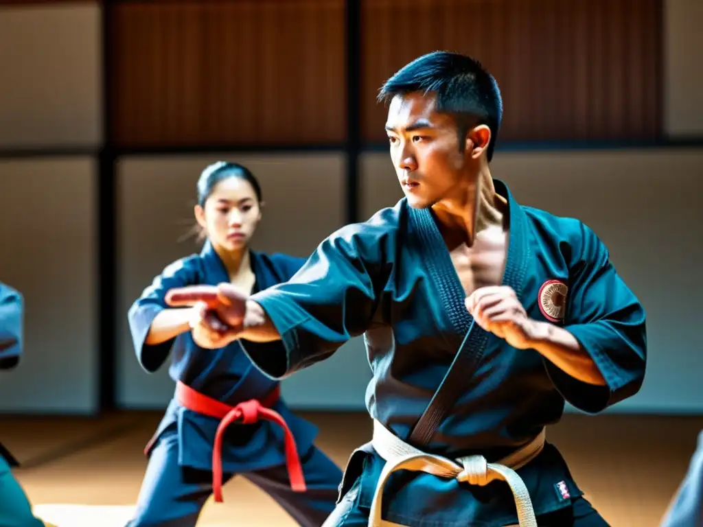 Un instructor de artes marciales demuestra tácticas de combate en un dojo, rodeado de estudiantes concentrados