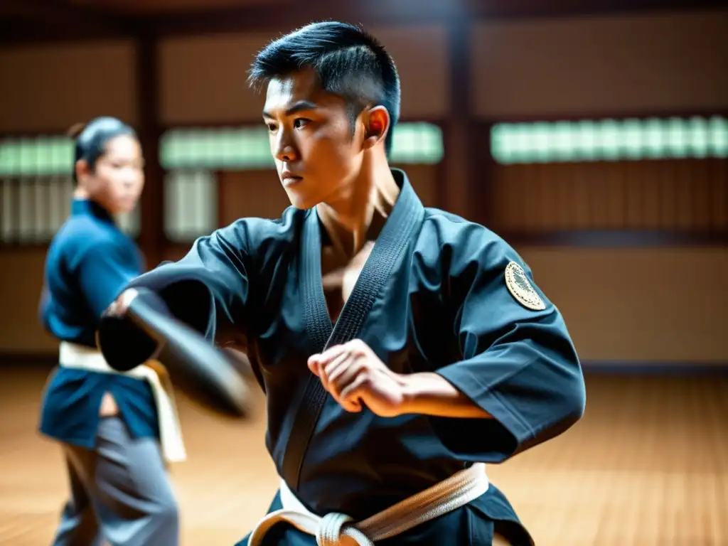 Un instructor de artes marciales tácticas demuestra una técnica precisa en un dojo