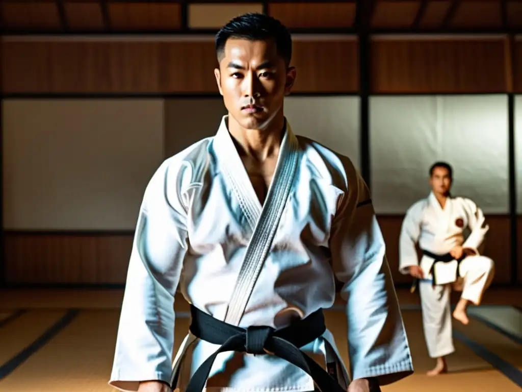 Maestro de artes marciales demuestra destreza en dojo tradicional Un instructor de artes marciales ejecuta una técnica precisa en un dojo, creando una atmósfera de disciplina y destreza
