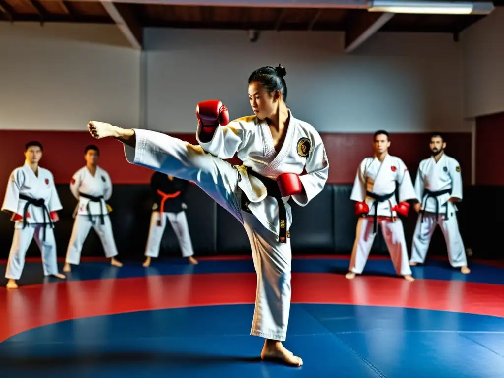 Un instructor de artes marciales demostrando una técnica poderosa de karate en un gimnasio profesional de MMA, con estudiantes enfocados