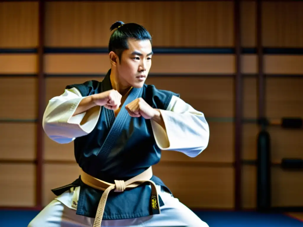 Un instructor de artes marciales muestra una técnica con determinación en un dojo, rodeado de equipo tradicional