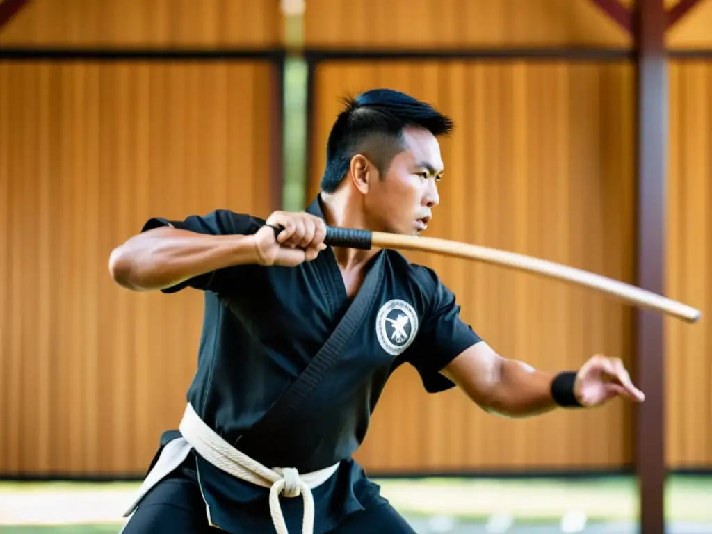 Un instructor de artes marciales Filipinas demuestra una técnica precisa de Eskrima con palos de madera