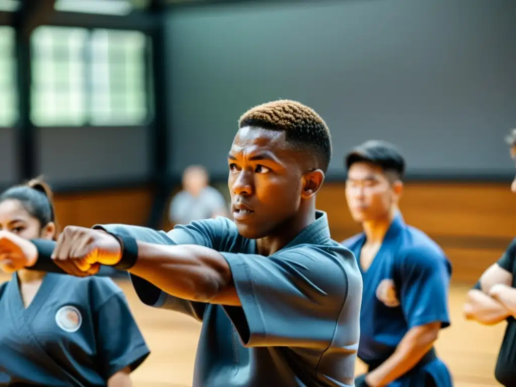 Un instructor de artes marciales muestra una técnica en un gimnasio, rodeado de estudiantes en posturas de lucha