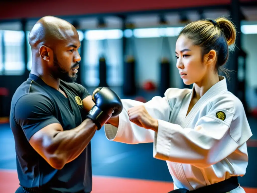 Un instructor de artes marciales muestra una técnica compleja a su estudiante en un gimnasio