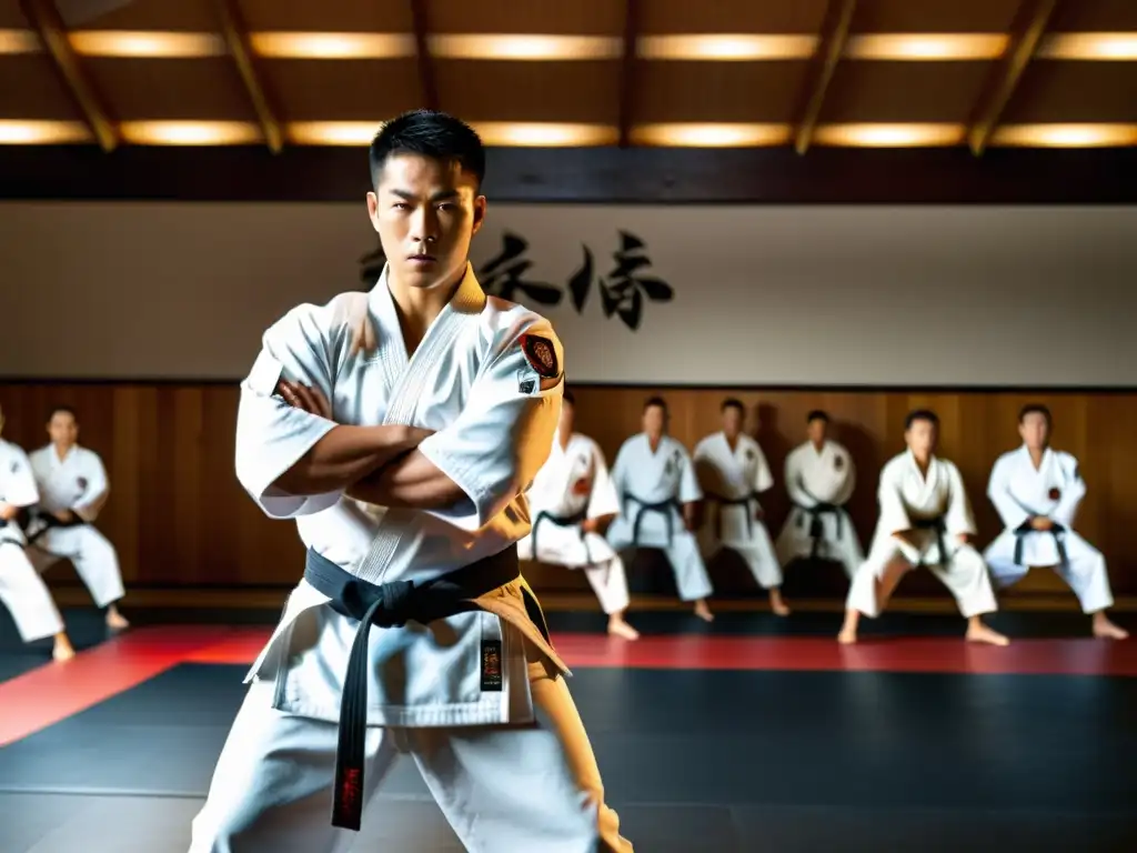 Un instructor de artes marciales muestra una técnica compleja en un dojo tradicional, con estudiantes enfocados