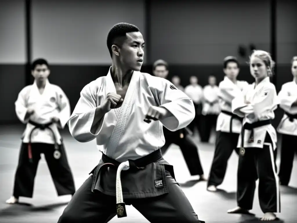 Un instructor de artes marciales demuestra una técnica compleja mientras los estudiantes practican con determinación