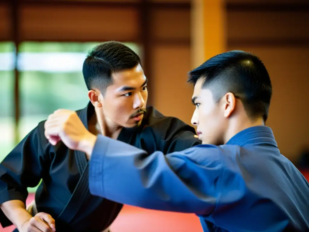 Corrección precisa de técnica en artes marciales Un instructor de artes marciales corrige la técnica de un estudiante con determinación