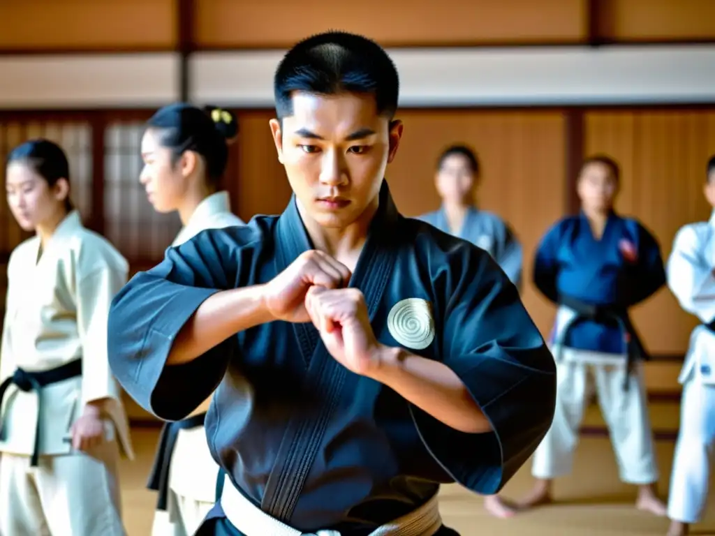 Un instructor de artes marciales demuestra una técnica compleja en un dojo tradicional, rodeado de estudiantes de todas las edades y orígenes