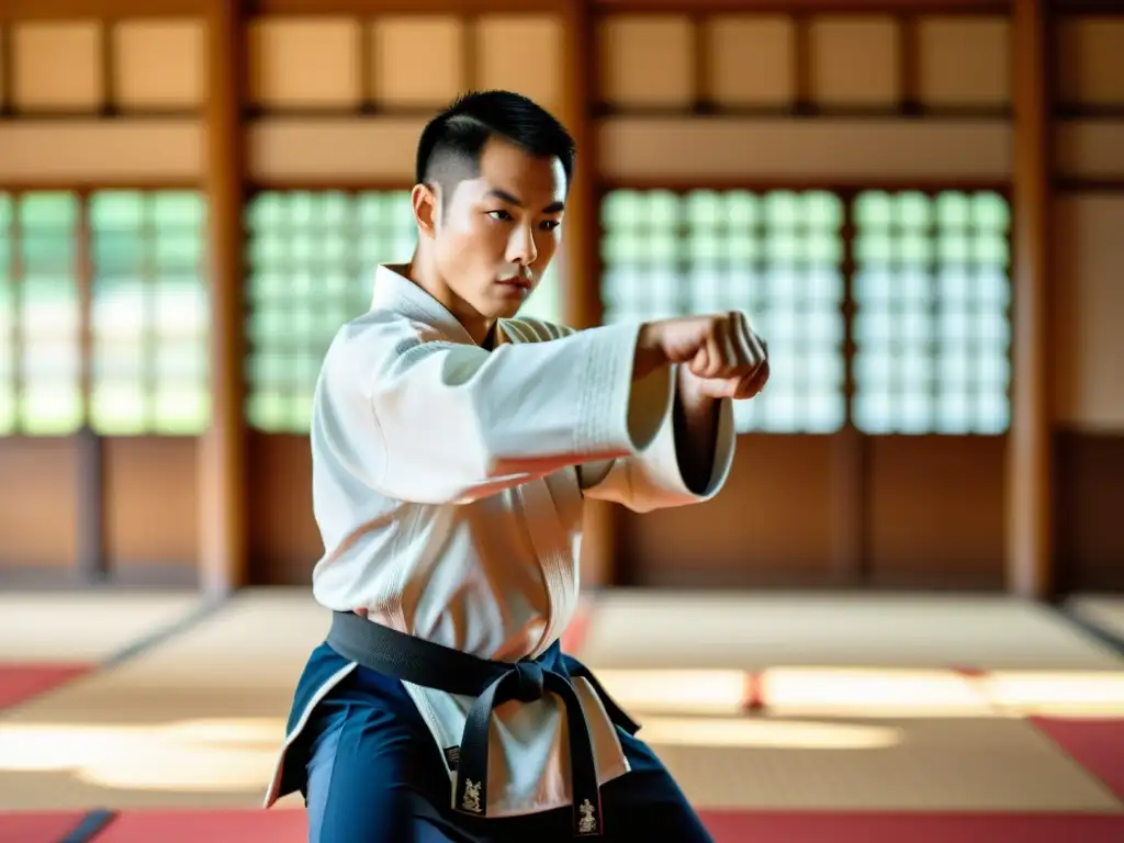 Un instructor de artes marciales ejecuta una técnica compleja en un dojo tradicional, transmitiendo determinación y autenticidad