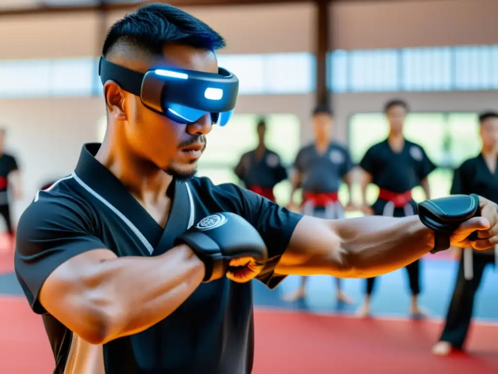 Un instructor de artes marciales demuestra una técnica con wearables, resaltando la importancia de los wearables en artes marciales