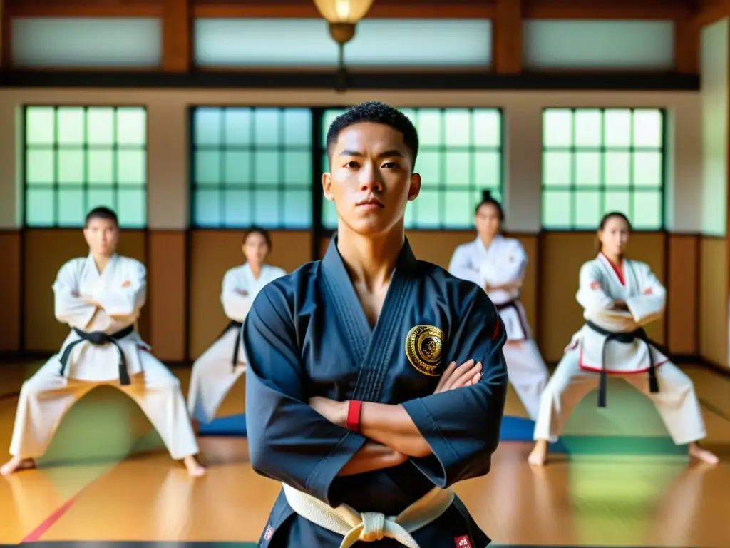 Un instructor de artes marciales demuestra una técnica compleja a sus estudiantes en un estudio lleno de luz natural