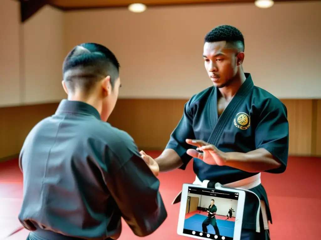 Un instructor de artes marciales muestra una técnica a su estudiante en un dojo, con una app de entrenamiento de artes marciales en segundo plano