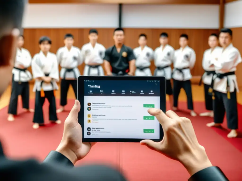 Un instructor de artes marciales muestra una técnica en una app, fusionando tradición y tecnología