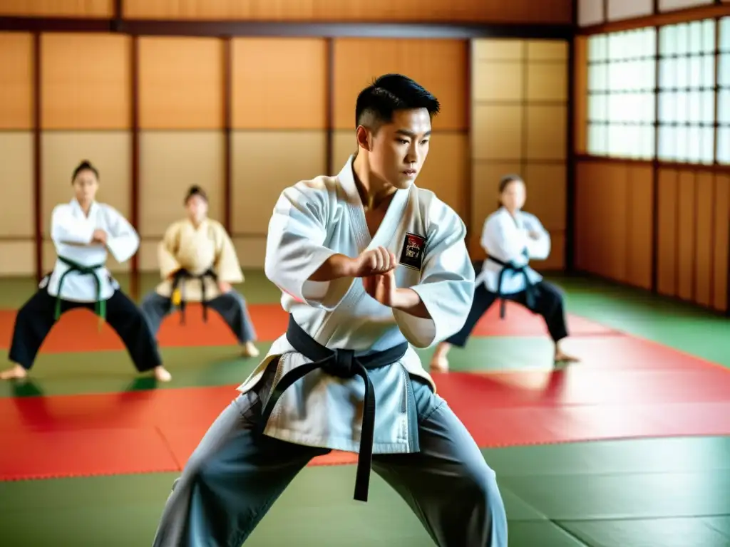 Un instructor de artes marciales demuestra una técnica compleja en un dojo tradicional, rodeado de estudiantes en diferentes etapas de práctica