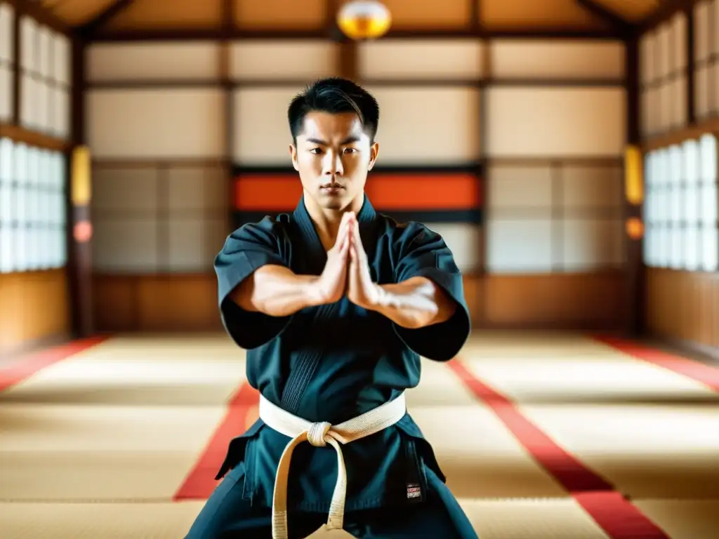 Un instructor de artes marciales demuestra una técnica compleja en un dojo tradicional