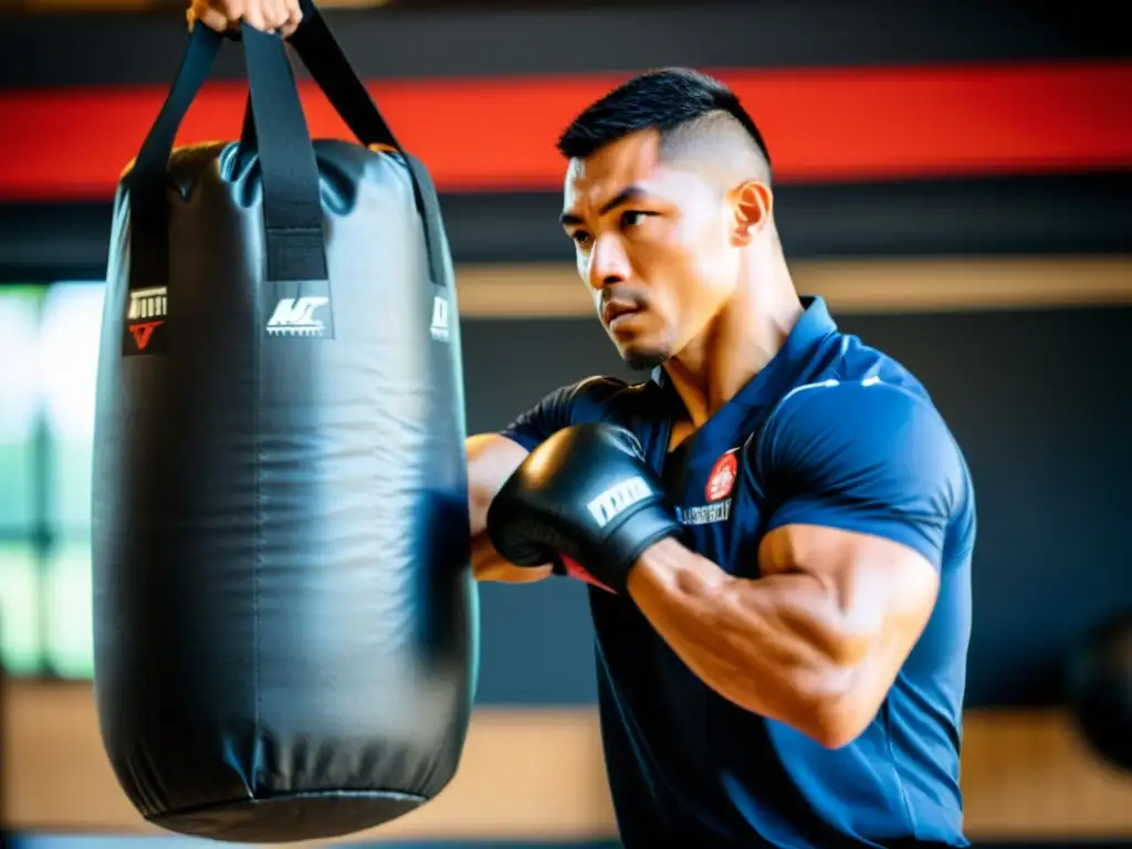 Un instructor de artes marciales demuestra la técnica de golpeo con sacos de arena para entrenamiento, en un ambiente dinámico y enfocado
