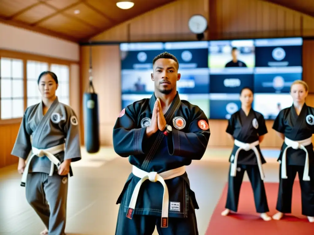 Un instructor de artes marciales demuestra una técnica en un dojo tradicional, con herramientas tecnológicas para entrenamiento marcial