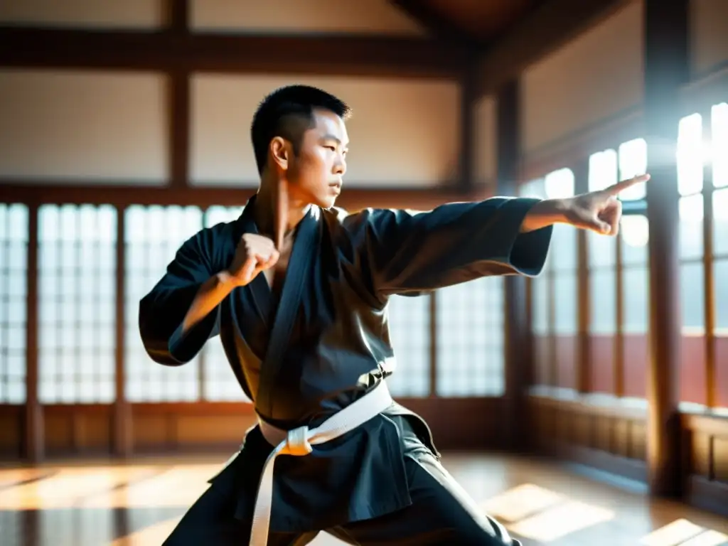 Un instructor de artes marciales demostrando una técnica precisa de Kung Fu en un tradicional salón de entrenamiento