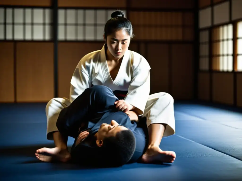 Un instructor de artes marciales demuestra una técnica de lucha en un dojo tradicional