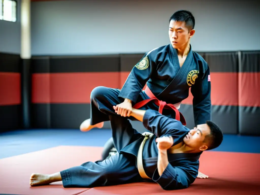 Un instructor de artes marciales aplica técnicas de MMA en defensa personal en un escenario realista, demostrando precisión y profesionalismo