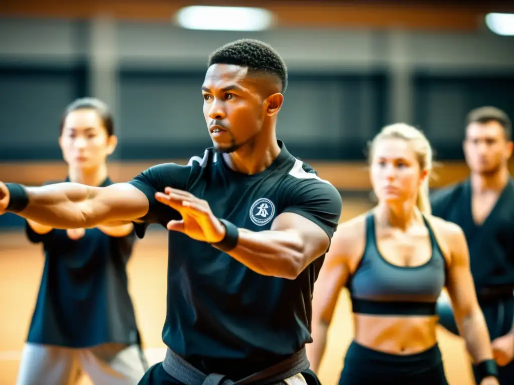 Un instructor de artes marciales muestra técnicas precisas a sus alumnos, destacando la importancia de la biomecánica en artes marciales