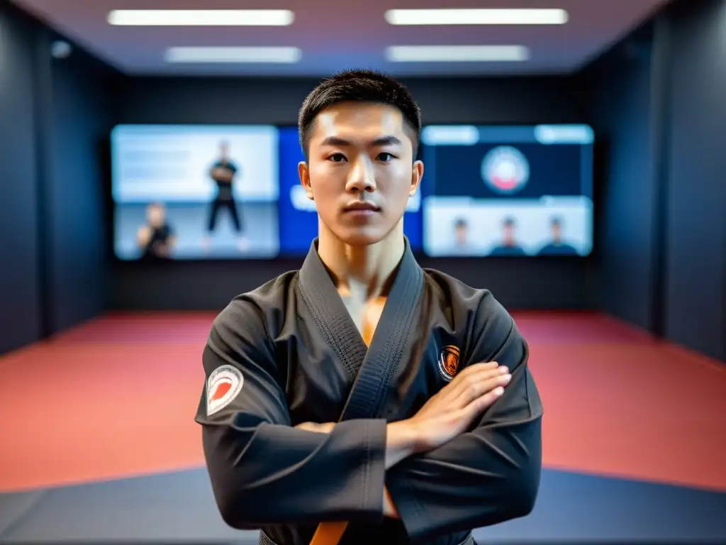 Instructor de artes marciales corrigiendo a alumno virtual Un instructor de artes marciales corrige técnicas con enfoque y determinación, en un entorno de entrenamiento virtual