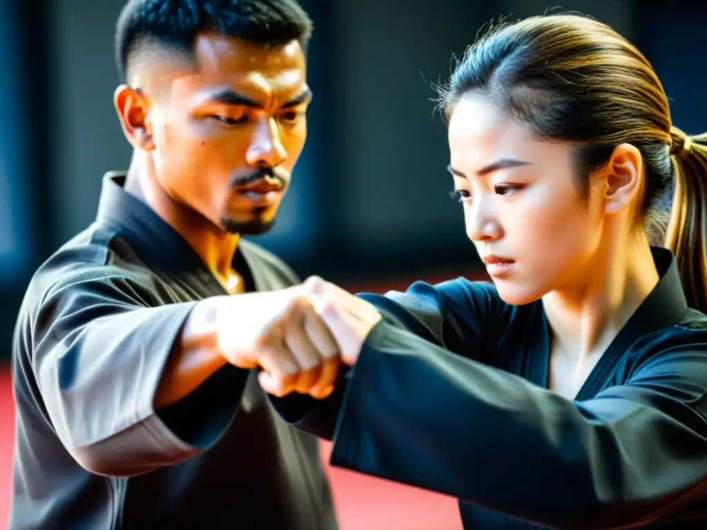 Maestro guía con precisión en entrenamiento a distancia Un instructor de artes marciales corrige técnicas con intensa concentración, reflejando disciplina y compromiso