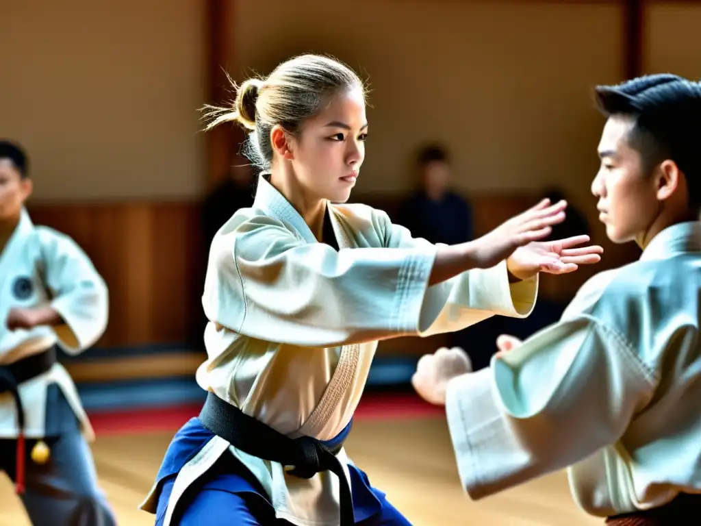 El instructor de artes marciales muestra técnicas complejas a estudiantes enfocados en un dojo iluminado