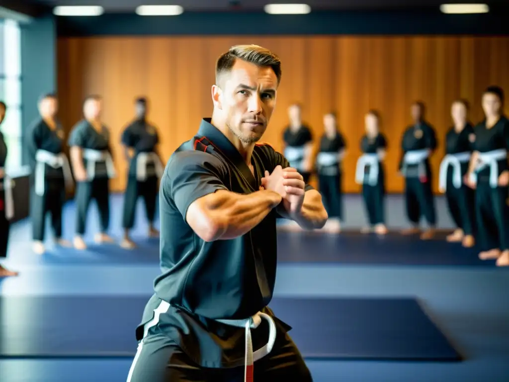 Un instructor de artes marciales muestra técnicas innovadoras en un moderno centro de entrenamiento, con estudiantes enfocados y determinados