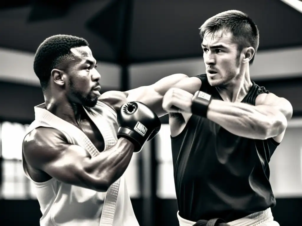 Un instructor de artes marciales aplica técnicas de MMA en defensa personal con determinación, mientras los estudiantes entrenan en el fondo