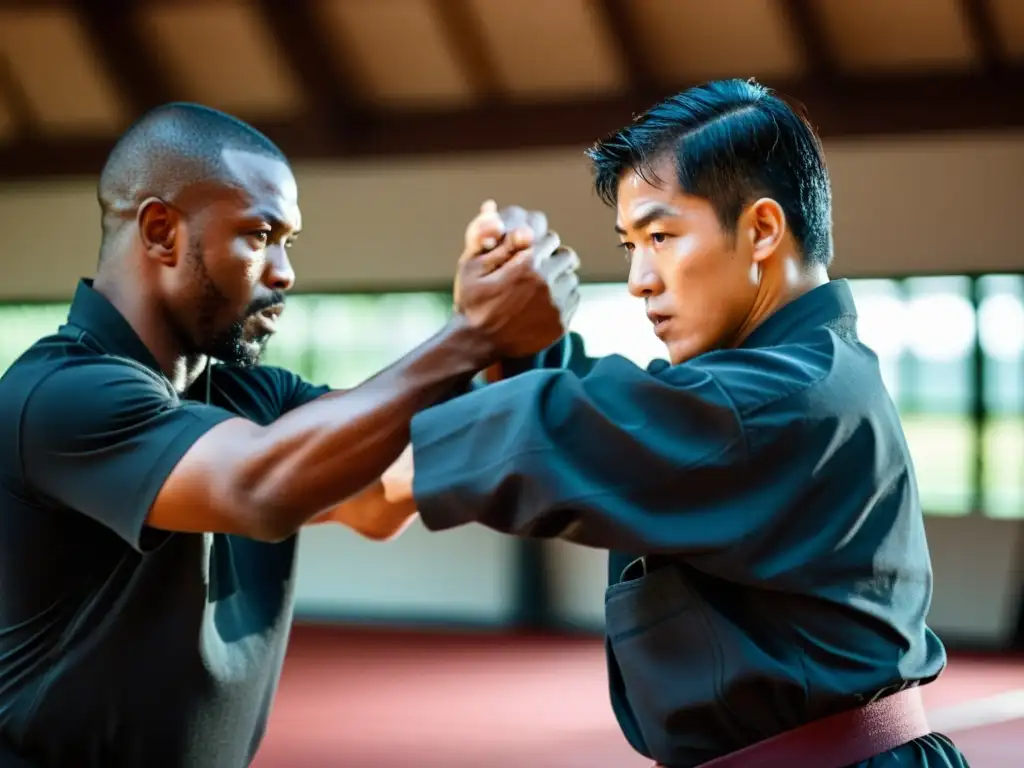 Un instructor de artes marciales demuestra con determinación técnicas de desarme de armas blancas, guiando con precisión a un aprendiz