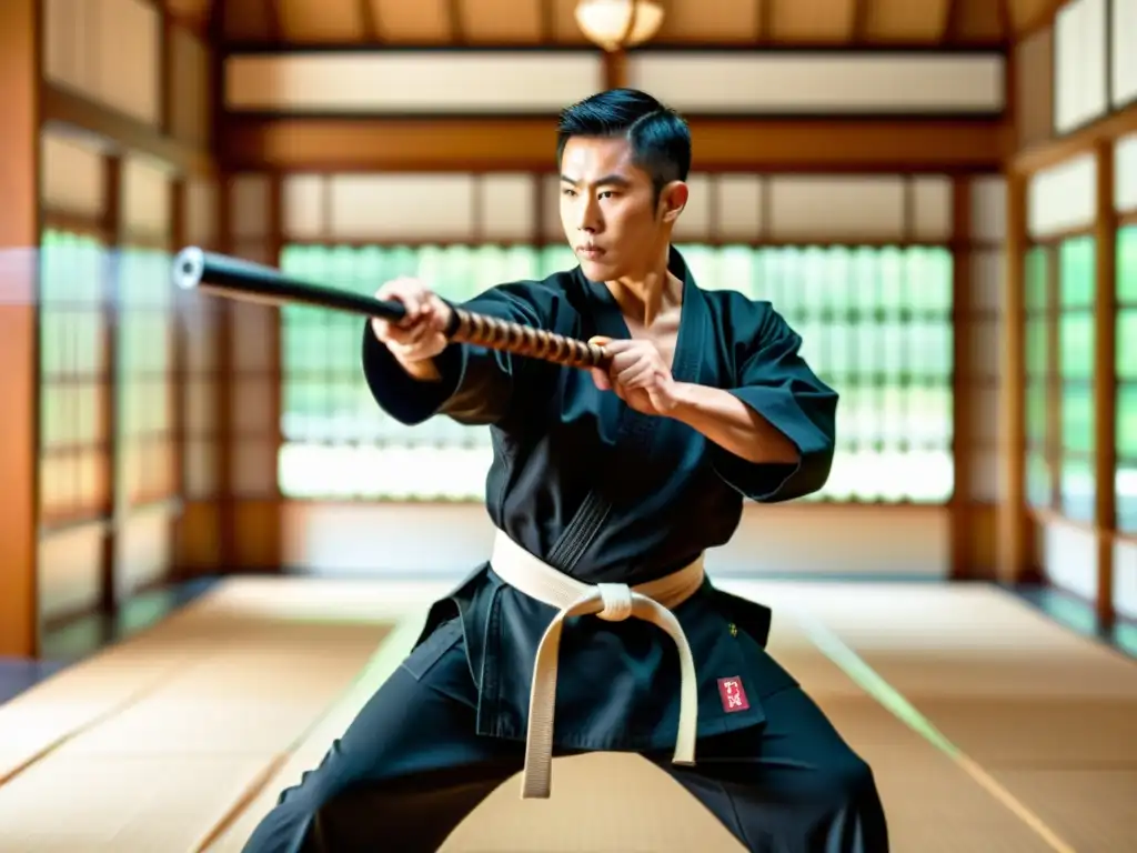 Un instructor de artes marciales demuestra técnicas defensivas con un bastón táctico en un dojo espacioso y bien iluminado