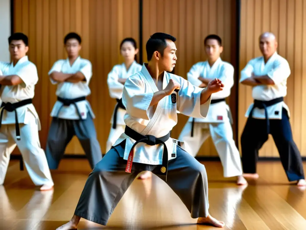 Un instructor de artes marciales demuestra técnicas precisas con tonfas para entrenamiento a estudiantes enfocados en un dojo iluminado