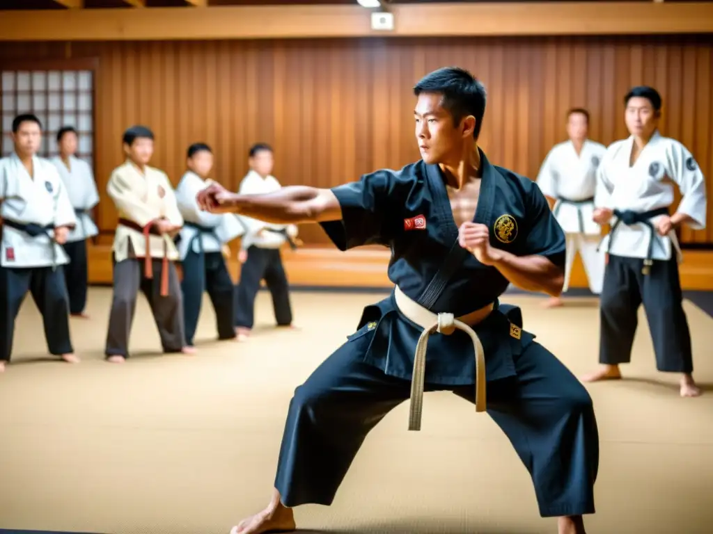 Un instructor de artes marciales demuestra técnicas específicas con tonfas para entrenamiento, mientras los estudiantes se concentran en el dojo