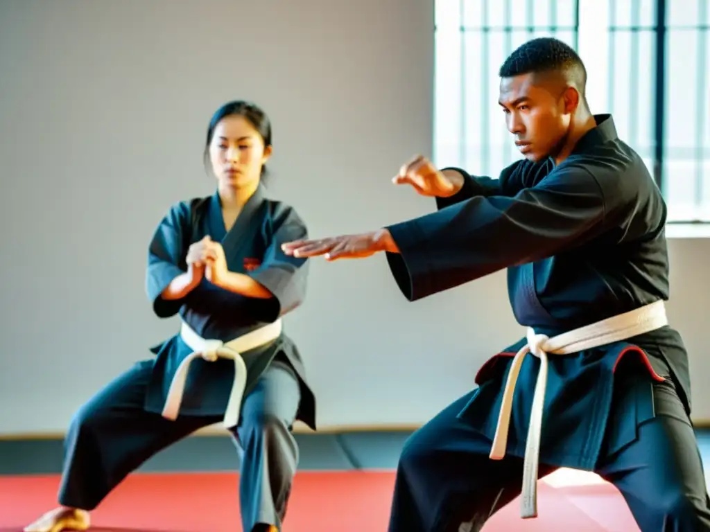 Un instructor de artes marciales demuestra técnicas precisas con tonfas para entrenamiento de artes marciales, mostrando control y maestría