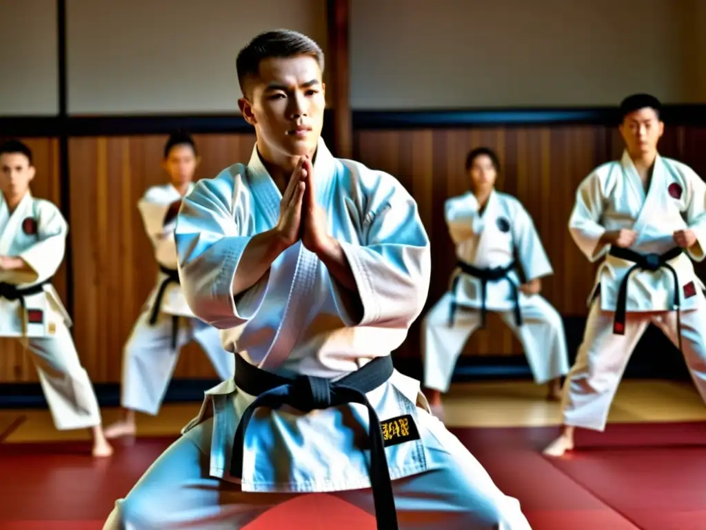 Un instructor de artes marciales muestra técnicas a estudiantes enfocados en un dojo tradicional