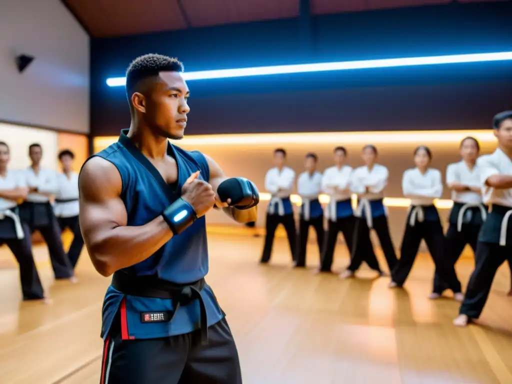 Un instructor de artes marciales con tecnología wearable, enseñando en un dojo tradicional mientras los estudiantes practican