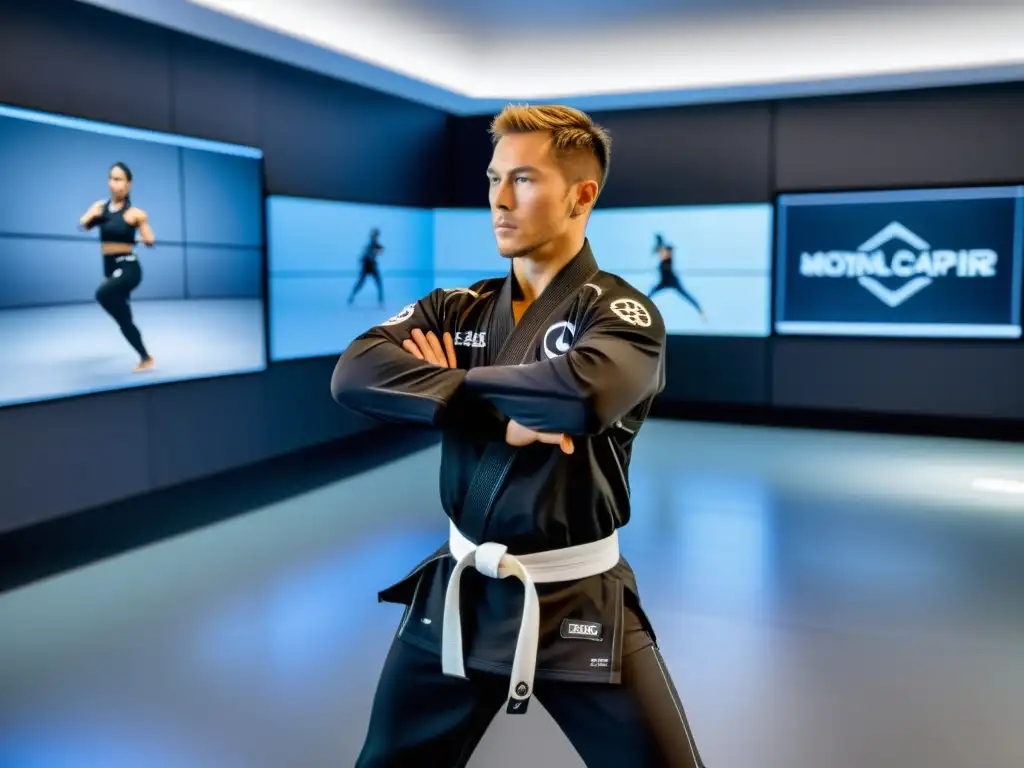 Un instructor de artes marciales, con traje de captura de movimiento, usa tecnología avanzada para mejorar su técnica