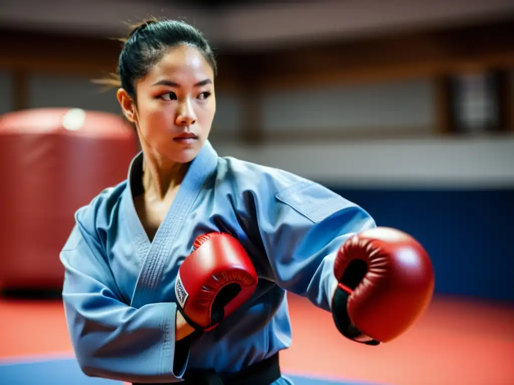 Un instructor de artes marciales demuestra el uso de coquillas protectoras en una intensa sesión de entrenamiento