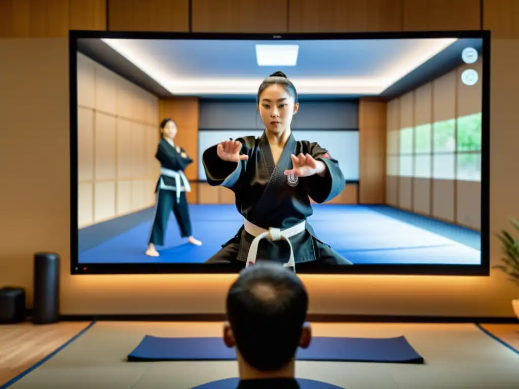 Un instructor de artes marciales lidera una sesión virtual con estudiantes comprometidos