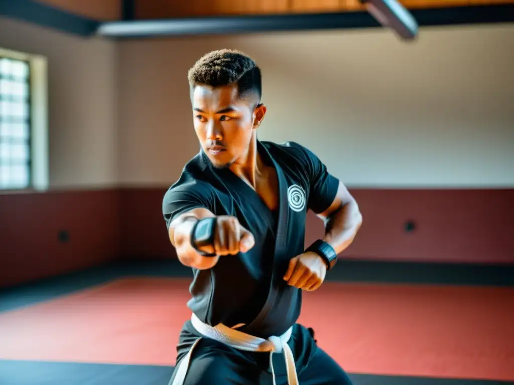 Un instructor de artes marciales con un wearable demostrando una patada en un dojo