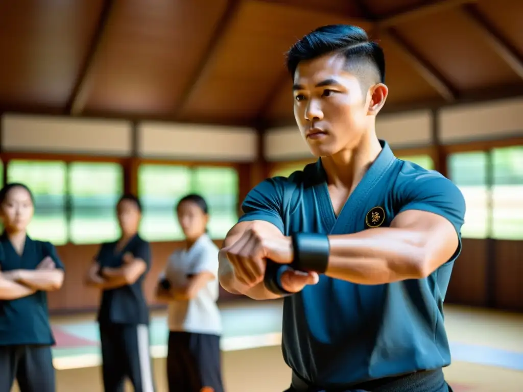 Un instructor de artes marciales con un wearable para entrenadores, dirige a sus alumnos en un dojo tradicional