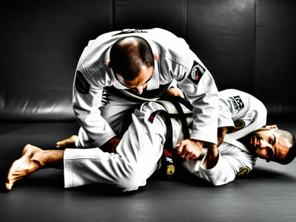 Un instructor de jiu jitsu brasileño demuestra con precisión y enfoque técnicas de suelo, exudando determinación y habilidad