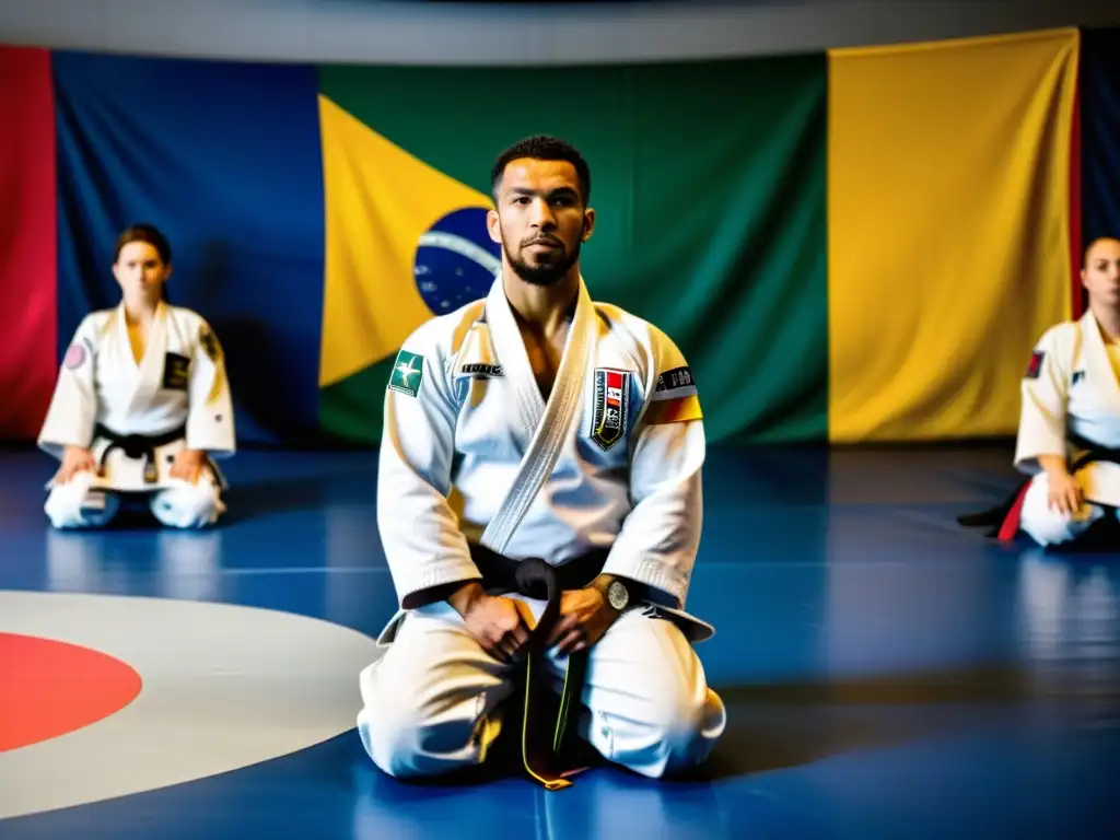 Un instructor de Jiu-Jitsu Brasileño enseña a su grupo diverso en un gimnasio vibrante