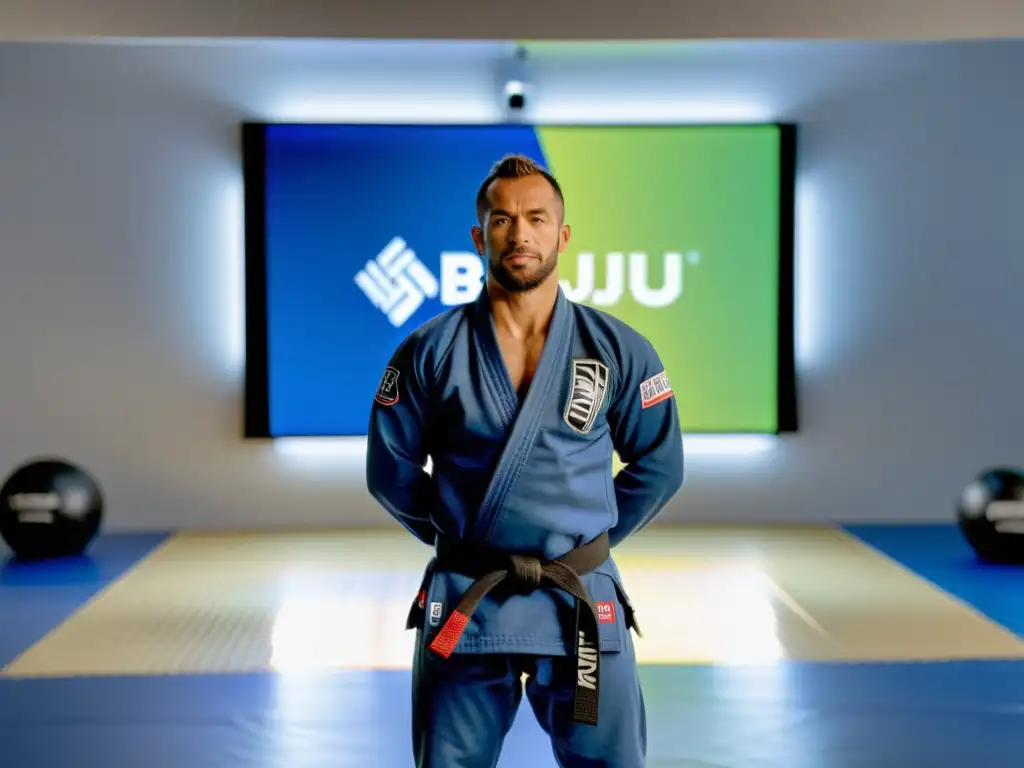 Un instructor de Jiu Jitsu Brasileño imparte entrenamiento en línea con profesionalismo y dedicación en un estudio bien iluminado