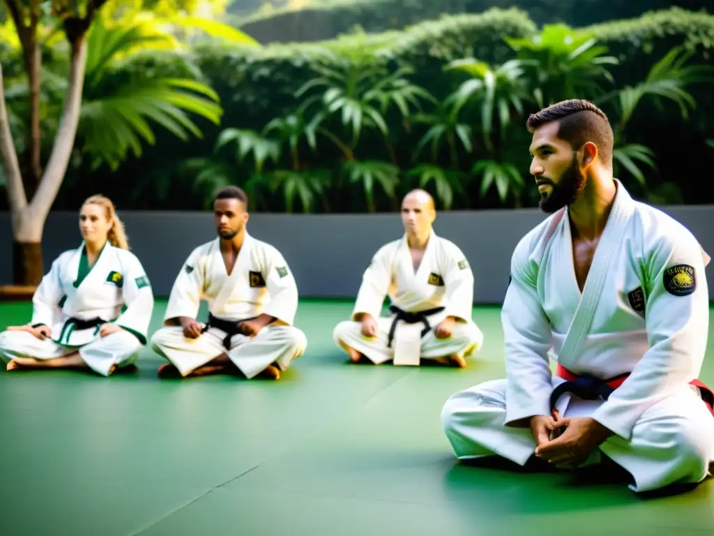 Un instructor de Jiu Jitsu Brasileño demostrando una técnica en una clase intensiva al aire libre en Río de Janeiro, con el Cristo Redentor de fondo