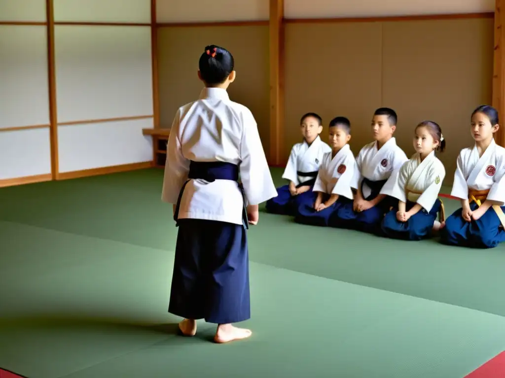 Un instructor guía con calma a un grupo de niños en movimientos de Aikido, transmitiendo disciplina y calma